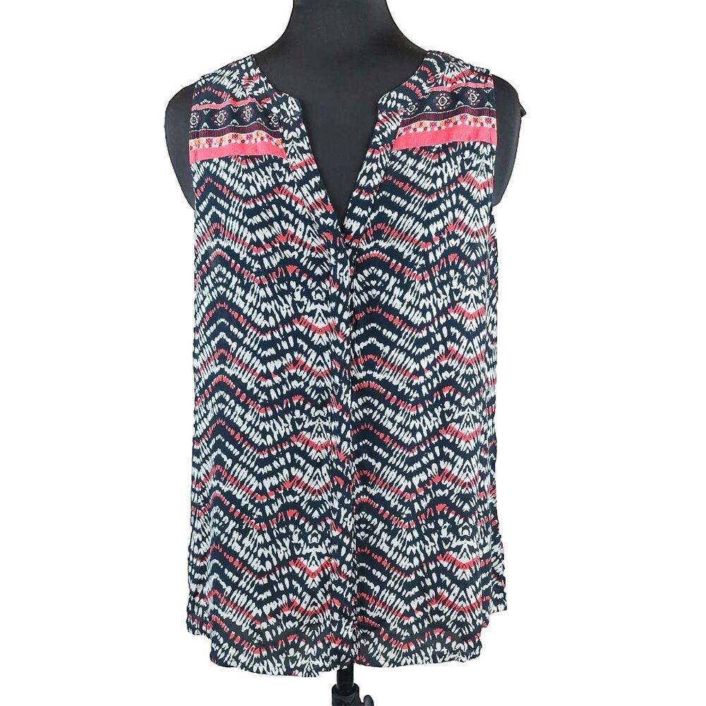 Sanctuary Women's Sleeveless Blouse Border Craft Button Split Neck Shirt Black M